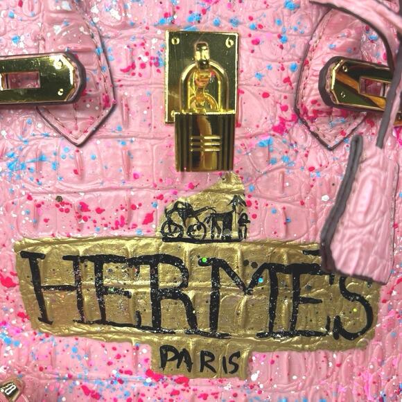 Gorgeous Anca Barbu Hand Painted “Hermes Paris” Pink Splatter Bag 11X6X6 - Picture 7 of 12